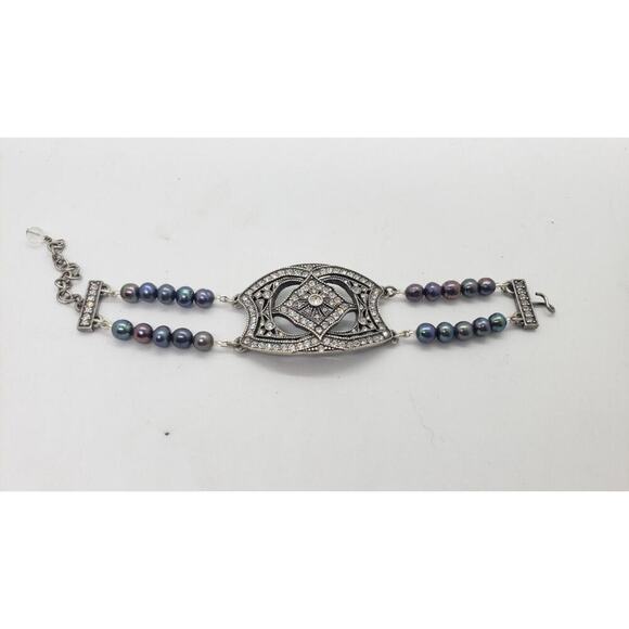 Haley Hill Bracelet Purple Gray Freshwater Pearl & Rhinestones Art Deco Signed - Picture 5 of 13